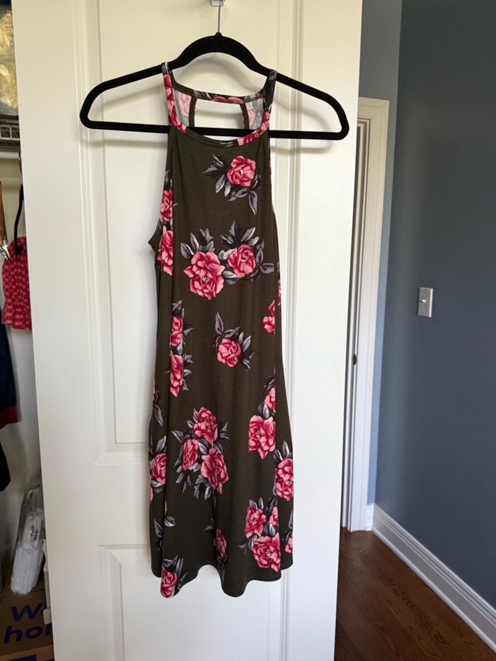 nine britton Olive Green Floral Midi Dress with Pink Roses